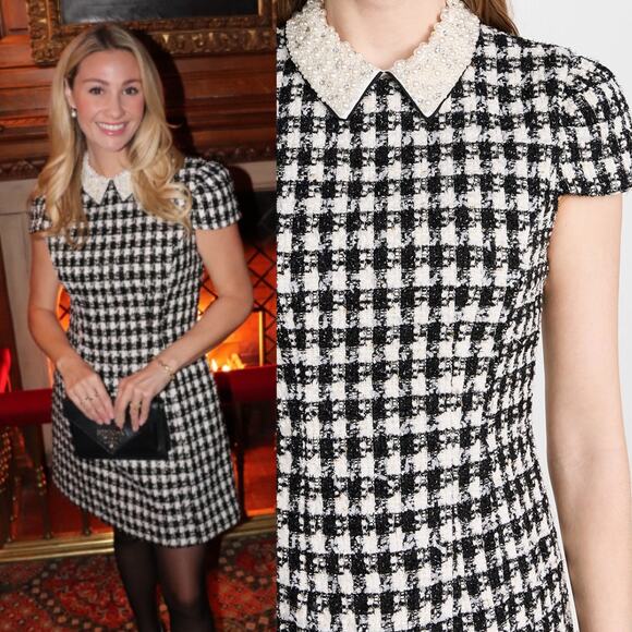 Alice + Olivia | Velia Tweed Mini Dress Black & Off White Crystal Pearl Collar 4 - Picture 4 of 16